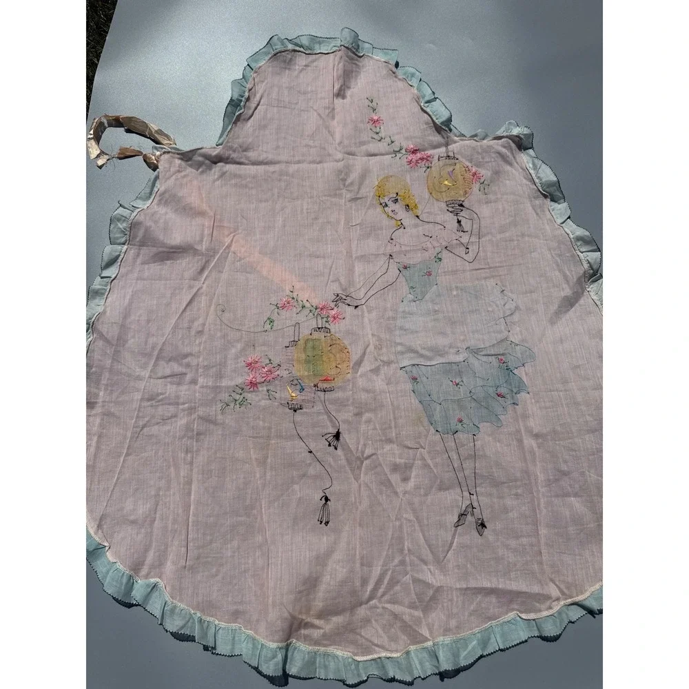 Vintage 1920s Art Deco Tea Apron Hand Painted Flapper Girl Chinoiserie Pink Blue